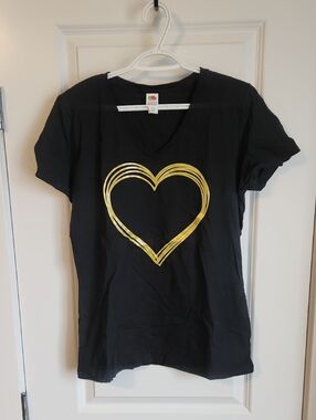 Black V-Neck Tee with Gold Heart Graphic